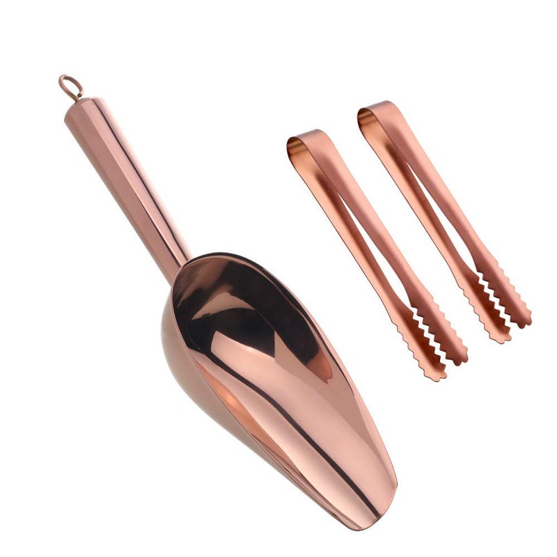 Mingcheng Stainless Steel Ice Scoop and Tongs Set - 6 Inches Serving Tongs With Teeth for Large Cubes, Round Bottom Bar Utility Scoop, Freezer, Bucket - Set of 3 (Rose Gold Copper) - Image 1